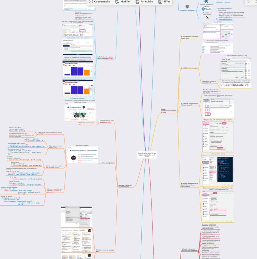 Mindmap de la formation R débutant présentant les étapes clés pour apprendre R et RStudio