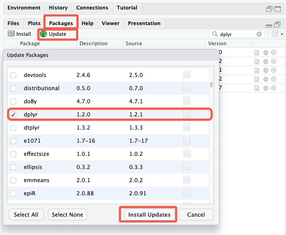 Mettre à jour le package dplyr dans R avec install.packages pour accéder aux nouvelles fonctions de manipulation de données