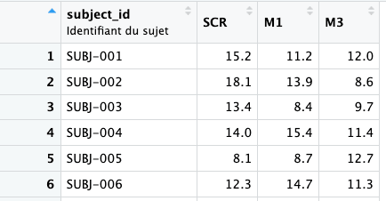 Jeu de données clinical_data_wide obtenu après transformation au format wide