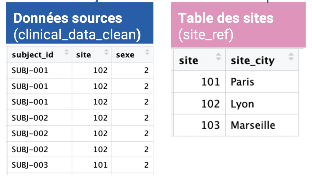 Deux tables de données utilisées pour réaliser une jointure gauche avec dplyr