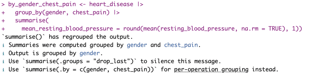 Message d’avertissement de dplyr indiquant que le résultat reste groupé après l’utilisation de summarise()