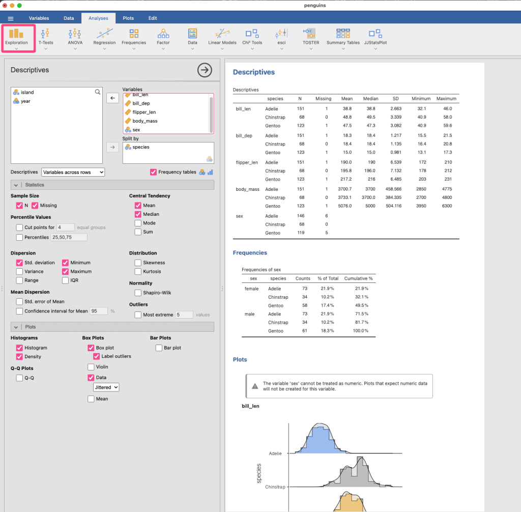 Analyse descriptive dans JAMOVI avec calcul de la moyenne, médiane, écart-type, minimum et maximum et affichage d’histogrammes et de boxplots.