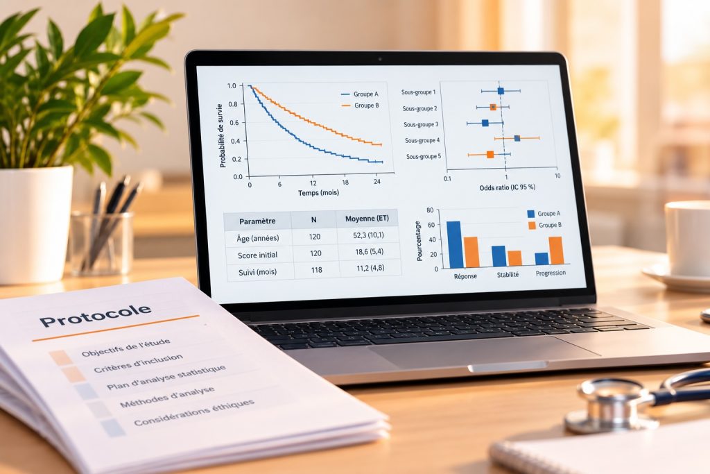Ordinateur portable affichant des analyses statistiques d'une étude clinique : courbes de survie, forest plot, tableau de résultats et graphiques, avec un protocole d'étude au premier plan.