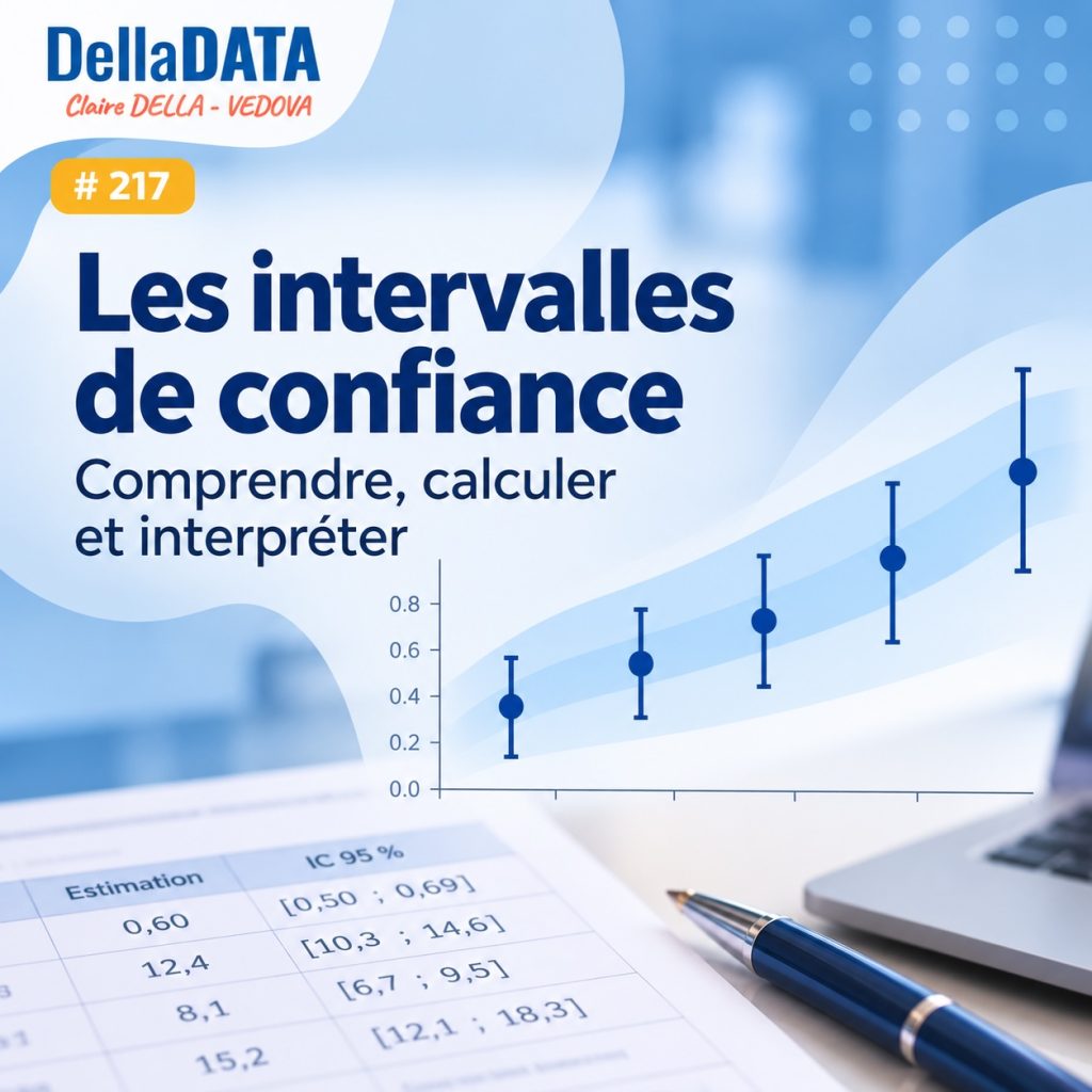 Vignette de l'article « Les intervalles de confiance » de DellaDATA, illustrée par un graphique avec des estimations et leurs intervalles de confiance à 95 %.
