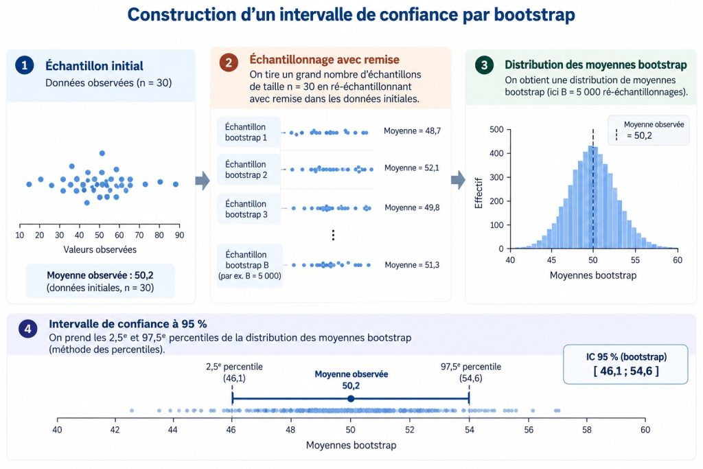 Schéma illustrant la méthode bootstrap : à partir d'un échantillon initial, plusieurs échantillons sont tirés avec remise. Une moyenne est calculée pour chacun, puis les moyennes obtenues servent à construire un intervalle de confiance à 95 %.