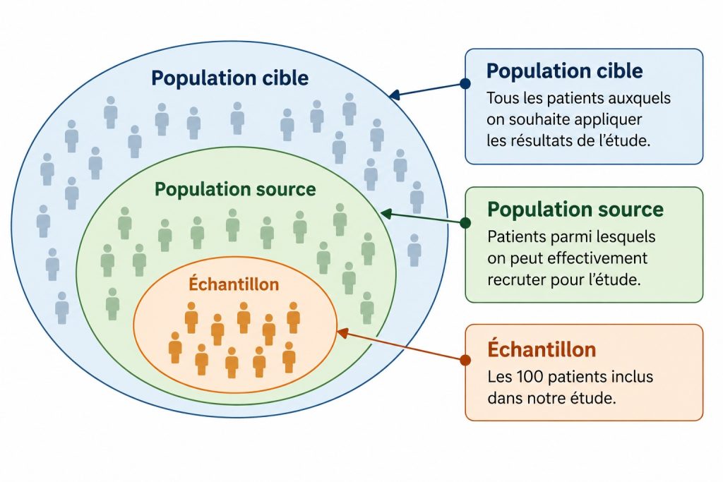 Schéma représentant trois ensembles emboîtés : la population cible, la population source et l'échantillon de patients inclus dans une étude clinique.