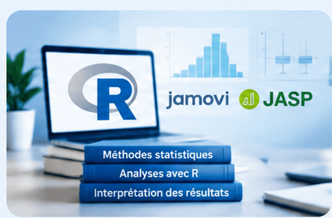 Illustration des formations en biostatistiques avec R, jamovi et JASP : ordinateur portable, graphiques statistiques et livres consacrés aux méthodes d'analyse et à l'interprétation des résultats.
